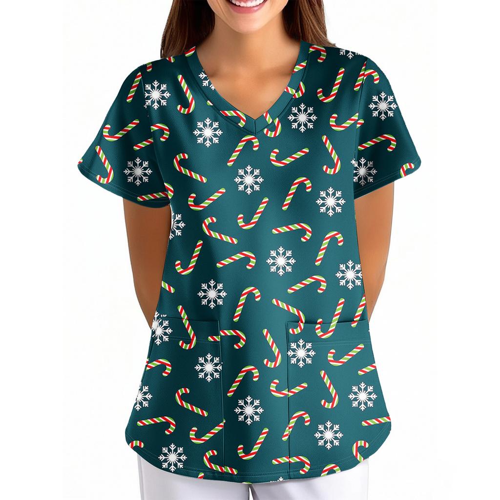 ÜbergrößeBedruckte Kasack Arbeitsuniform Oberteile für Damen V-Ausschnitt mit Überkreuzung Print Kurzarm Lustige T-Shirts Arbeitskleidung T-Shirt mit Taschen