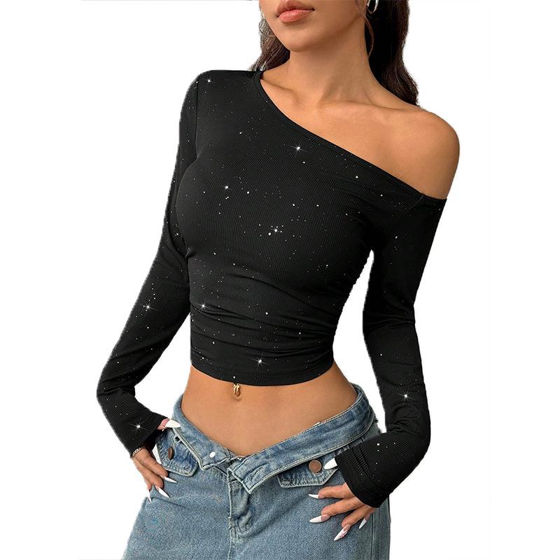 European Hot Girl Rhinestone Off-Shoulder Long Sleeve Knit T-Shirt - 2025 Spring Slim Fit Top