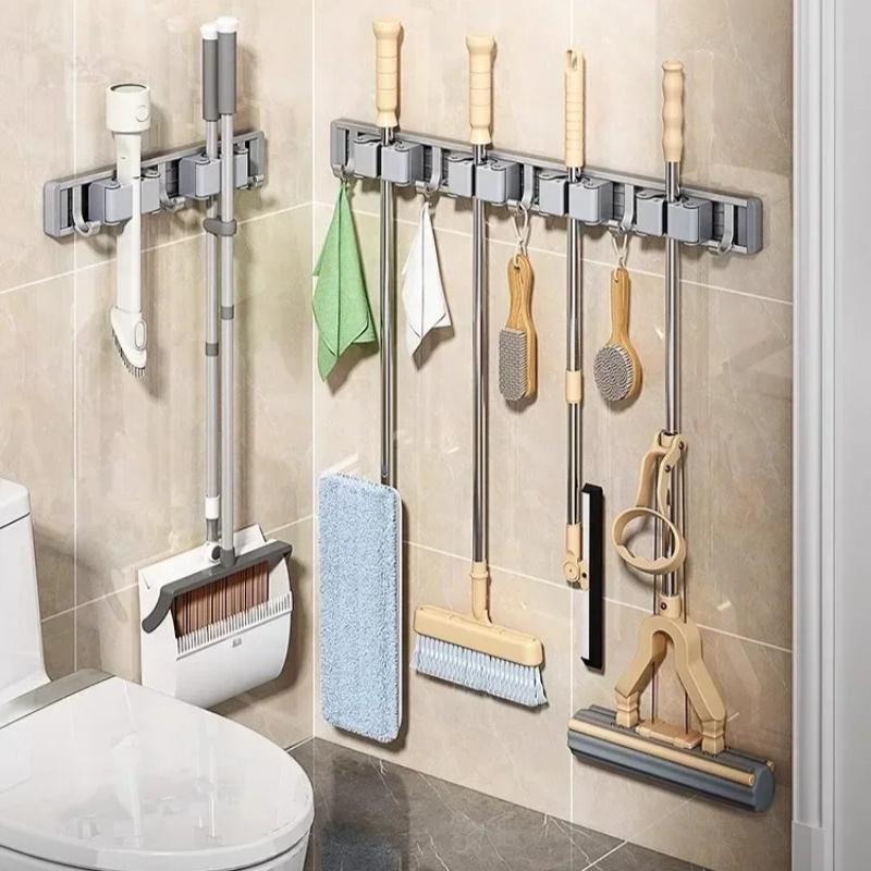 Mop and Broom Organizer Mop Holder Rack Mop Holder Wall Mounted Strong Broom Mop Holder Self with 5 Hooks Organizers Hang Broom
