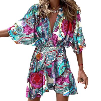 Women Summer Dress Colorful Print V Neck High Waist Half Dolman Sleeves Irregular Hem Ruffle Loose Soft Party Commute Beach Mini Dress