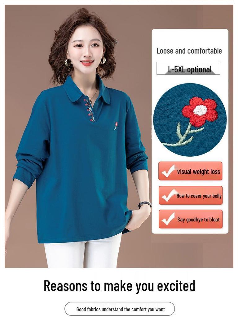 Dámské bavlněné tričko s dlouhým rukávem a polo límečkem ve větších velikostech - Podzimní ležérní volný střih pro ženy středního a staršího věku