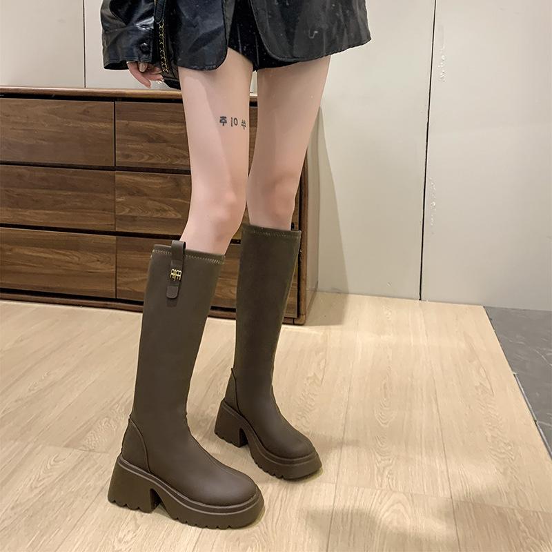 Tall thin boots British style women's boots 2025 new round head rear zipper but knee middle heel boots women