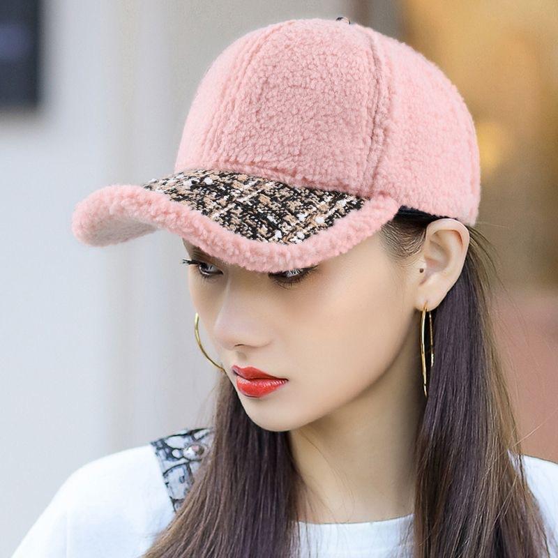 Ladies hat peaked cap autumn and winter small fragrant style lamb wool thickened warm baseball cap solid color versatile casual versatile