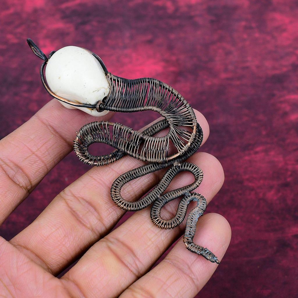 Howlite Copper Wire Wrapped Pendant Titanium Bead Eyes Handmade Jewelry Skull Bone Face Pendant