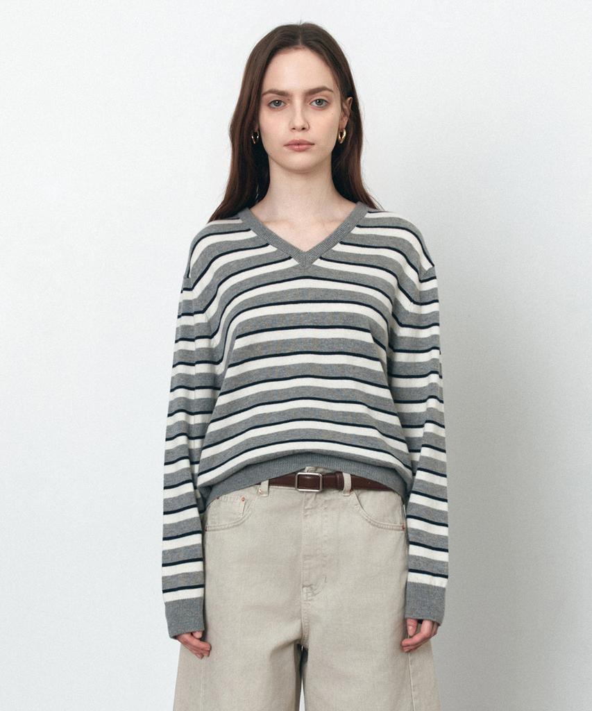 Siyajyu Sikn2174 Multi-Stripe V-Neck Knit_Melange Gray