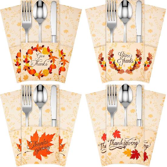 36 PCS Thanksgiving Silverware Cutlery Holders Thanksgiving Utensil Decor Fall Decor for Home Thanks Maple Leaf Silverware Paper Pouch Fall Harvest