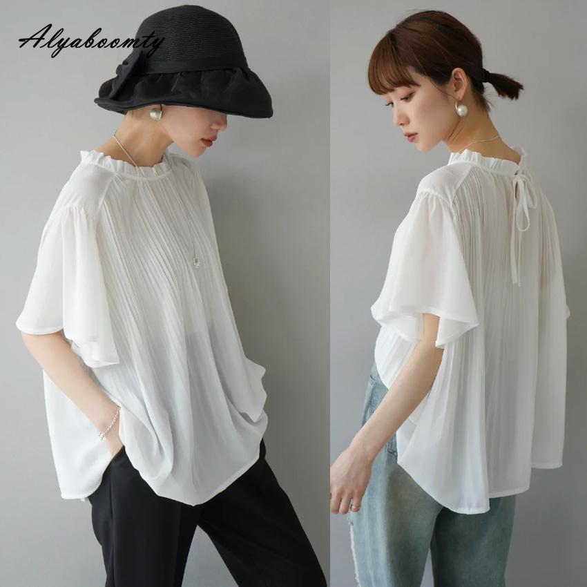 Korean Style Spring Summer Women Casual Loose Blouse Ruffled Collar White Black Pleated Blouse Batwing Sleeve Elegant Office Lady Blouse