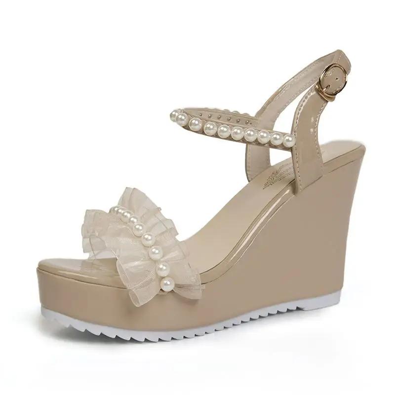 Fashion High Heels Lace Sandals for Women Ladies Shoes Wedges Heel Summer 2024 Platform Pearl Beige One Word Outdoor Wedge Waterproof F