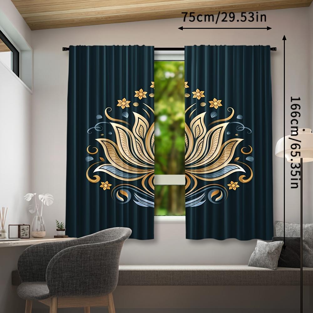 Light Filtering Exotic Black Golden Floral Polyester Curtains Style Decorative Semi Curtain Set Of 2 Contemporary Made With Rod Pocket Washable