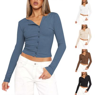 Dámský módní sexy kardigan s knoflíky, top, jednobarevné tričko s dlouhým rukávem, slim fit
