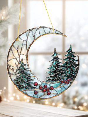 Christmas Acrylic Moon Ornament with Pine Trees & Red Berries, Art Hanging Decor, Festive Window & Xmas Tree Pendant Decorations