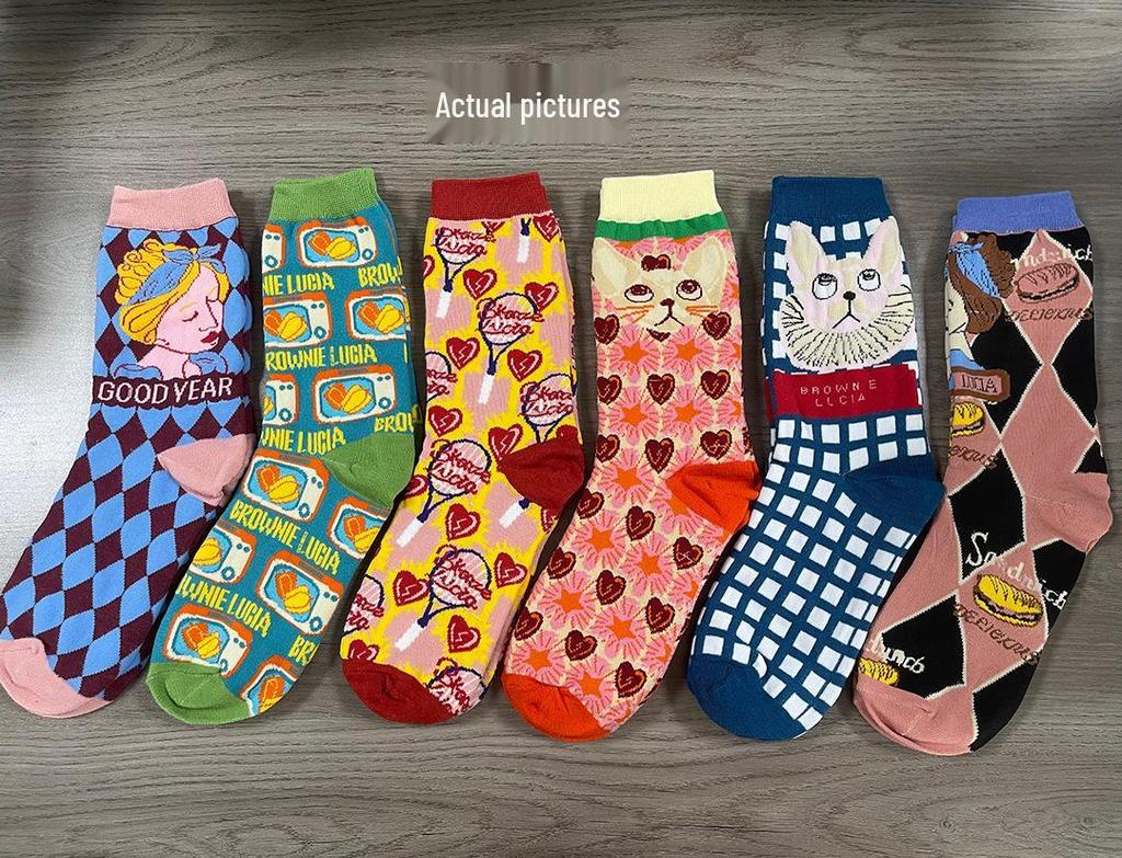 Lolita Mid-Calf Graffiti Kitten Socks - Trendy Japanese Illustration for Autumn/Winter