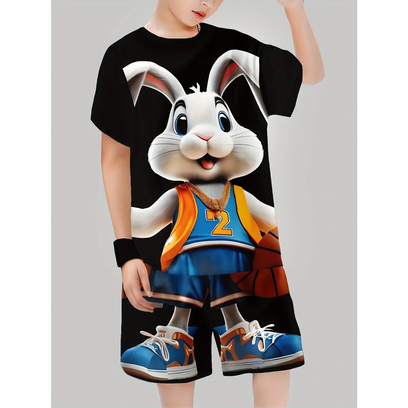 

Black theme rabbit 3D printing pattern with basketball hand fashion trend casual simple short sleeve set 5-6Y