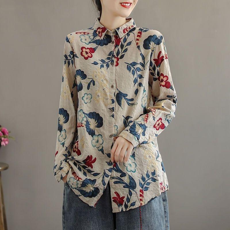 Cotton Linen Printed Floral Long Sleeved Shirt for Women Loose Slimming In Spring Autumn Retro Artistic Hong Kong Style Shirt Trendy Collar