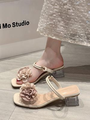 Mode Glitter Slides Slippers Casual Zomer Damesschoenen Hakken Muiltjes Bloem Pantoffels Vierkante hak Jelly Luxe Hoog 2025 Blok Bloemen