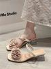 Fashion Glitter Slides Slippers Casual Summer Women's Shoes Heeled Mules Flower Pantofle Square Heel Jelly Luxury High 2025 Block Floral