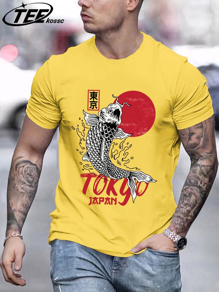 Harajuku Japan Tokyo Sunset Koi T Shirts Men Cotton Summer TShirt Loose Casual Clothes Unisex AllMatch ONeck Short Sleeve