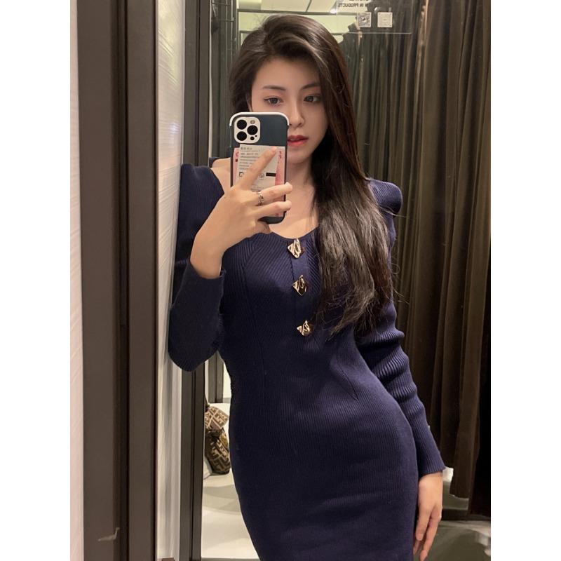 

Сексуальное трикотажное платье с квадратным вырезом, женское осенне-зимнее облегающее платье высокого класса для кофе-брейка, стиль знаменитости, длинное платье с облегающим бедра силуэтом S королевский синий