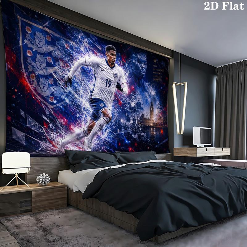 England Football Player Wall Tapestry, Soccer Player Portrait with National Badge Print Wall Hanging for Fan Decor