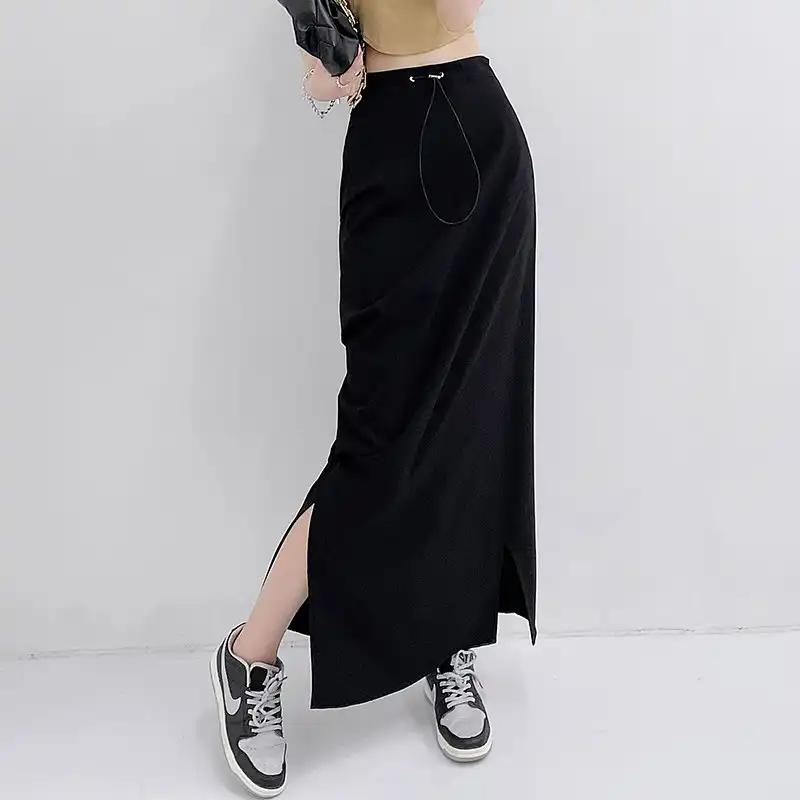 Women's High Waist Drawstring Side Split Straight Maxi Skirt