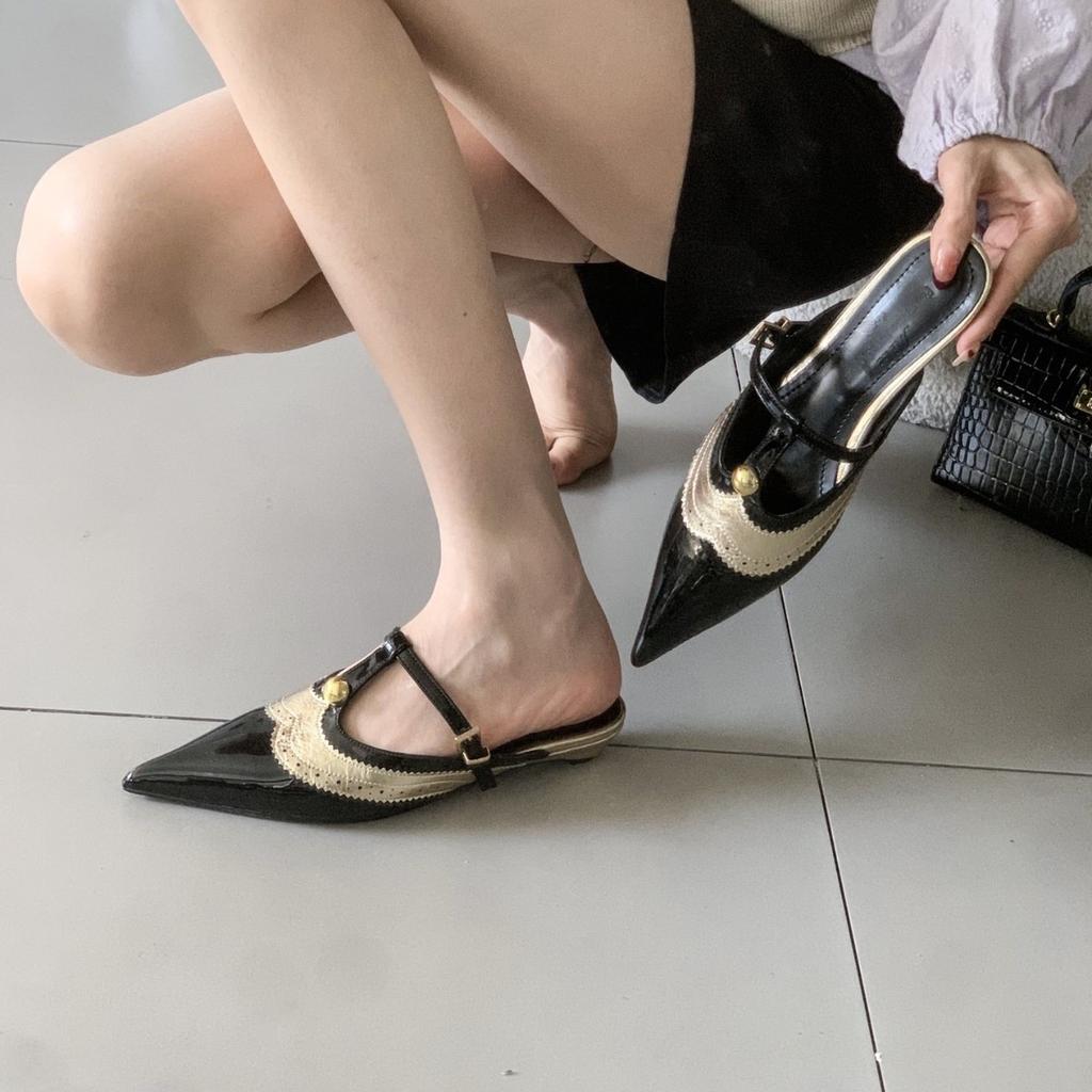 Fashion Cover Toe Female Shoes Low Ladies' Slippers Multicolored Sandals On A Wedge 2025 Pointed PU Mixed Colors Slides Patent Leather F