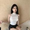 High Neck Hollow Ice Silk Camisole Tank Top for Women Summer Pink Halter Neck Slim Fit Short Style Knitted Sleeveless Top