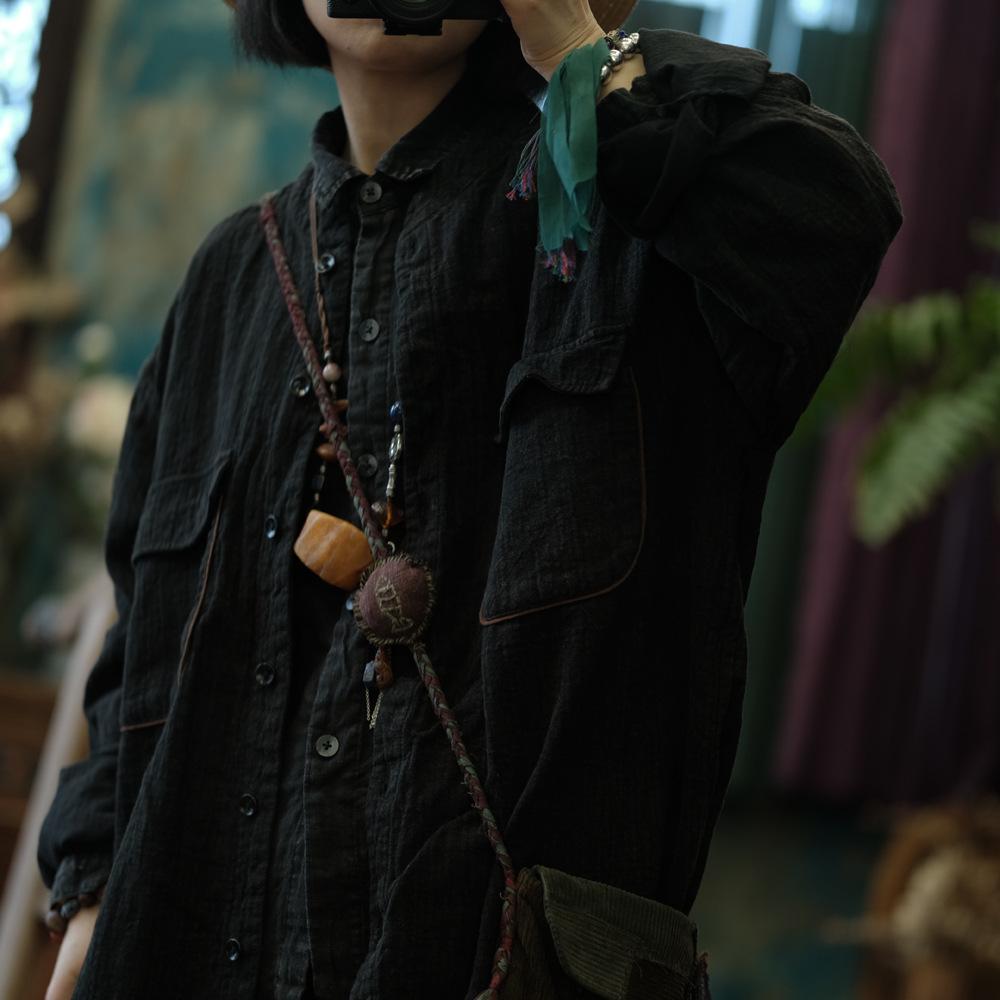 

Johnature Женские винтажные рубашки, топы, блузки на пуговицах с длинными рукавами, весенние карманы, винтажные рубашки One Size чёрный