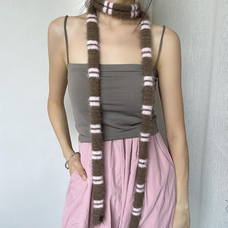 Luochi Fluffy Soft Y2K Striped Knit Scarf - Versatile Neck Warmer for Women