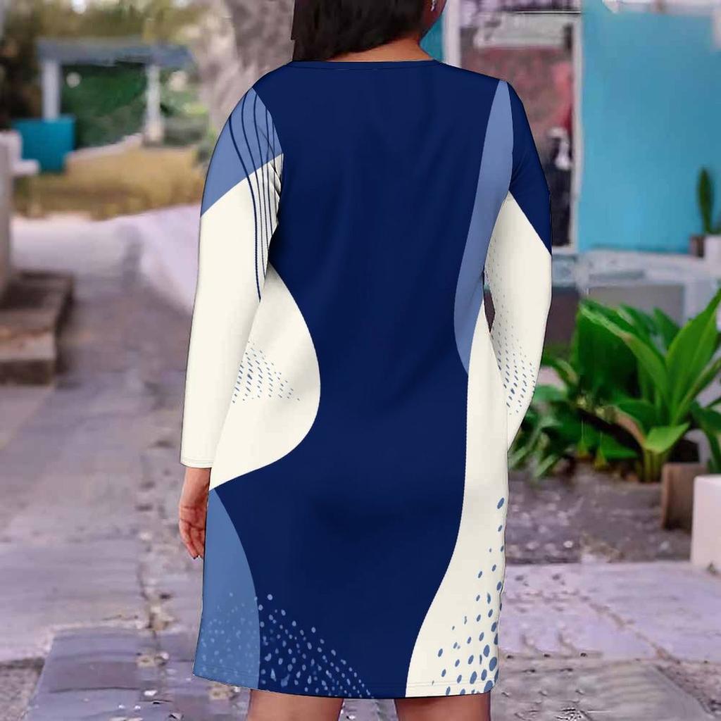 Women Plus Size V Neck Long Sleeve Printed Fitted Straight Hem Dress