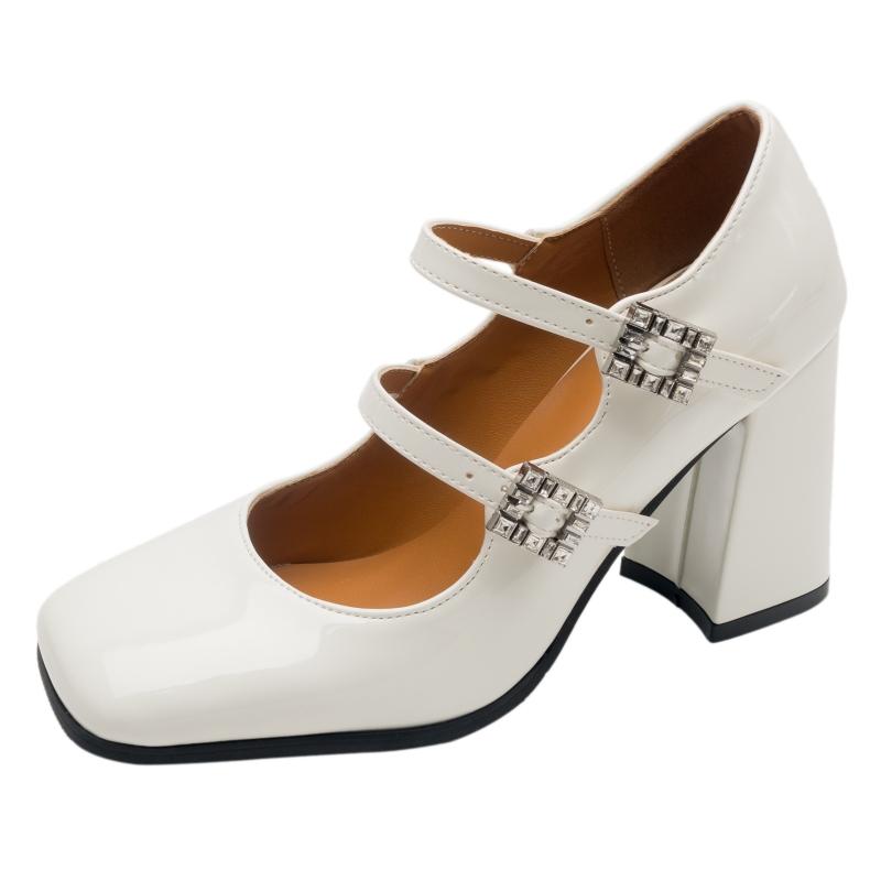 

Модные женские туфли Мэри Джейн на высоком каблуке 2024 года, элегантные туфли-лодочки на ремешках, роскошные серебристо-черные туфли для офиса, свадьбы, танцев, для девочек, большой размер 45 39 белый