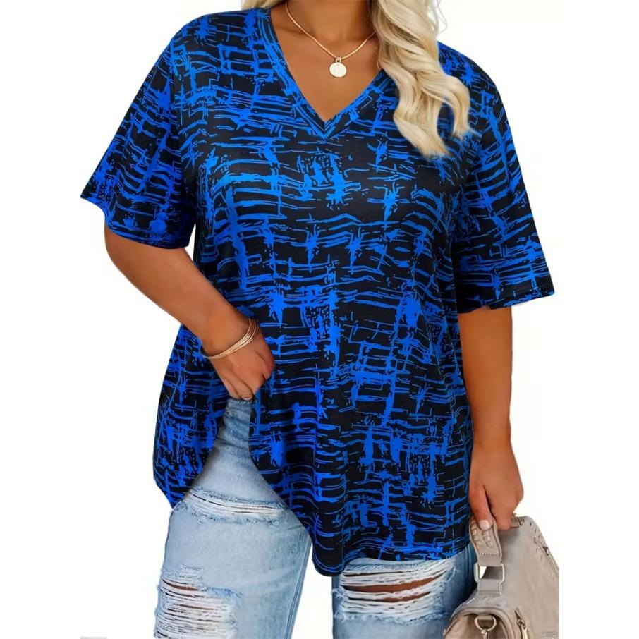 XL-7XL Damski T-shirt Plus Size z Gradientem, Casualowy, z Nadrukiem 3D, Luźny, z Dekoltem w Serek, z Krótkim Rękawem