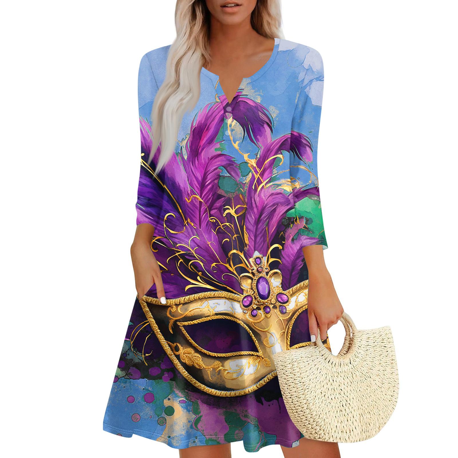 Women s Dress Loose V Neck Three-quarter Sleeve With Pockets Dress L