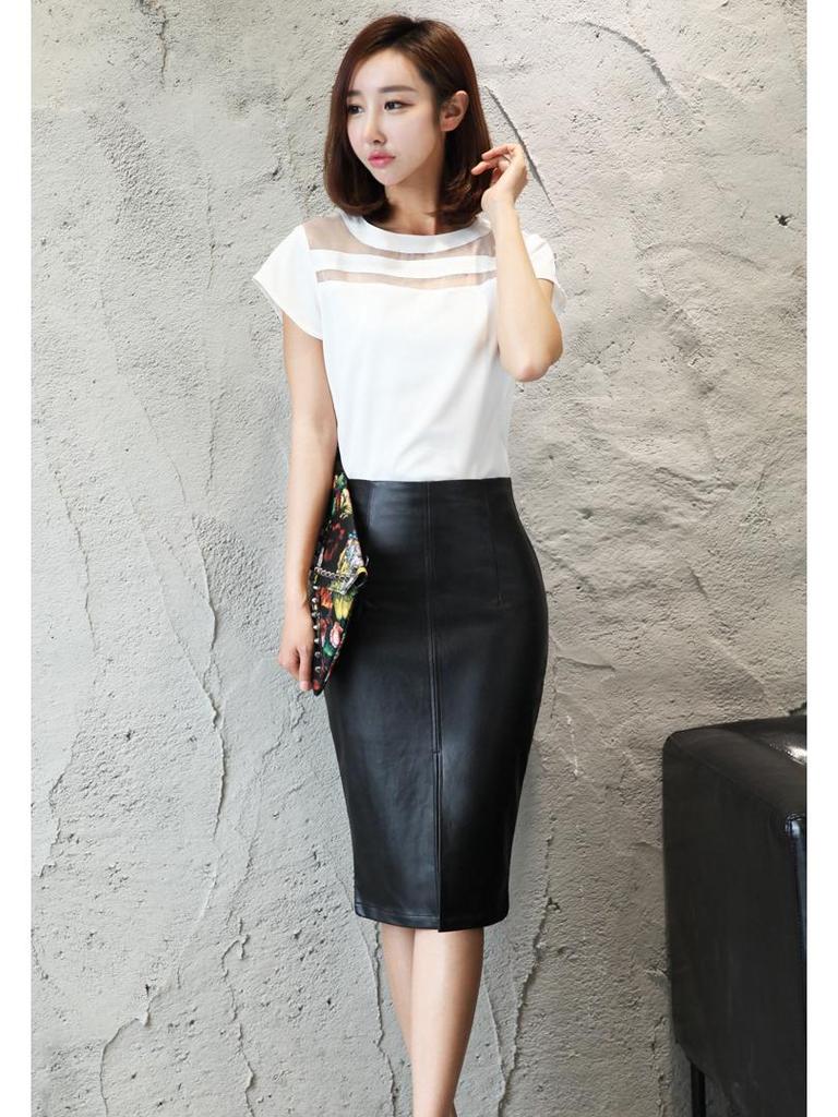 Women's Slimming Leather Pencil Skirt - Mid-Length with Slit
