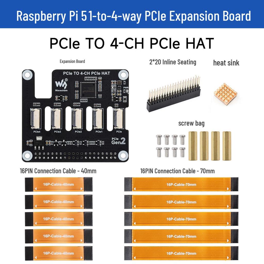 Raspberry Pi 5 Stackable Four-Channel PCIe FFC Expansion Board for Multiple HAT Modules