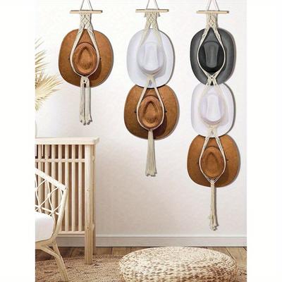 1pc/1 Set Macrame Wood Hat Rack Woven Hat Rack Handmade Hat Organizer Wall Hanging Shelves Cowboy Cap Rack for Baseball Dormitory Study Over Door