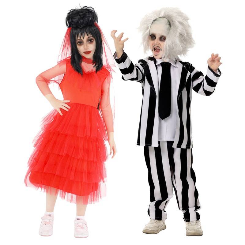 Unterwelt-Meister Beetlejuice Lydia Halloween Kostüm Mit Gestreiftem Polyester Für Kinder Und Erwachsene