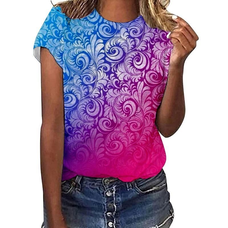 Women's Summer Casual Round Neck Pullover Short Sleeved Digital Printed Loose T-shirt