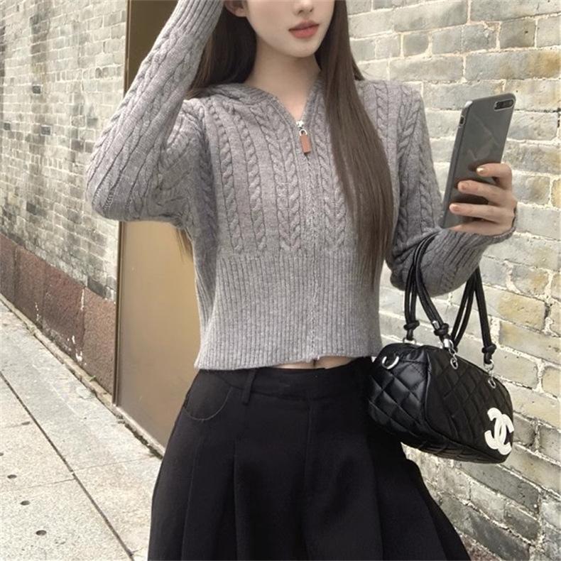 Short Twist Hooded Zipper Knitted Cardigan Women's Slim-fit Sweater Jacket