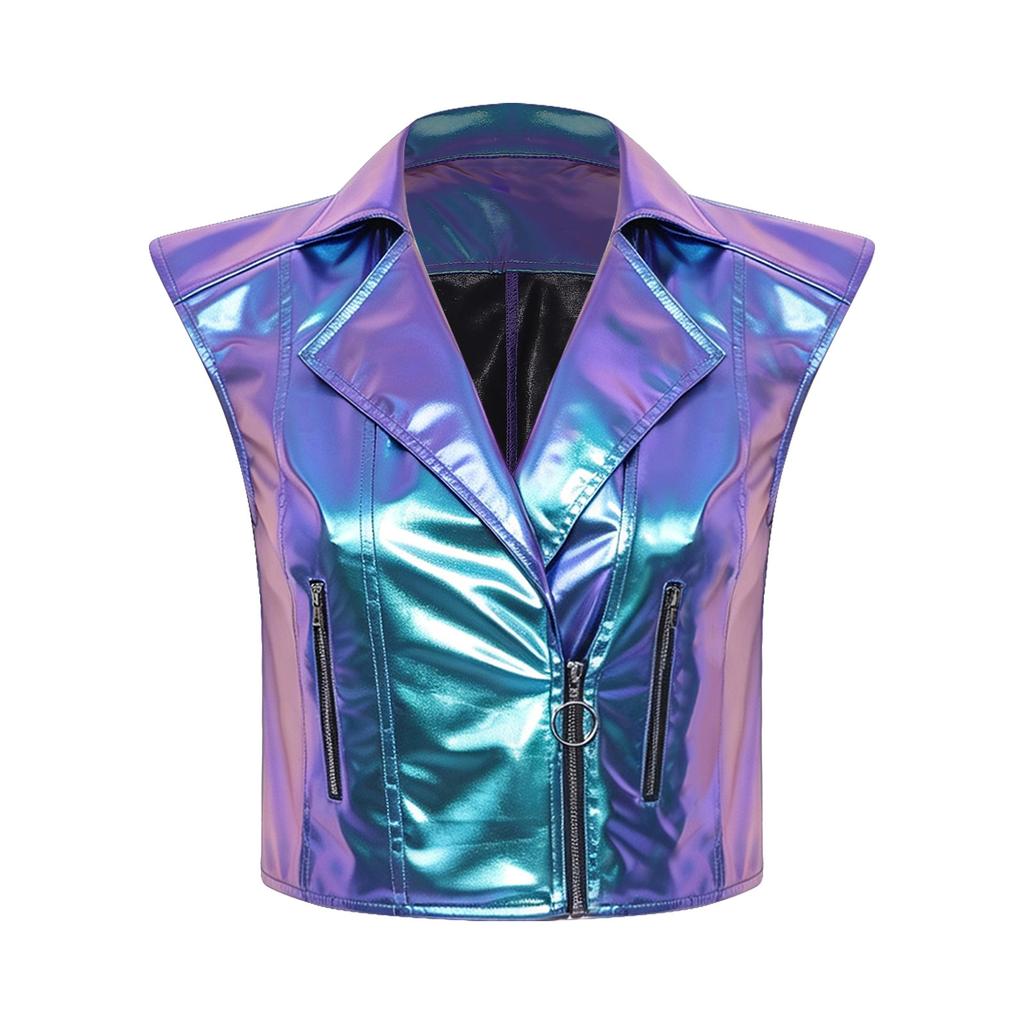 Sleeveless V Neck Front Zipper Waistcoat for Women Notched Lapel Metallic Shiny Tank Top for Punk Jazz Motorcycle Club Outfit