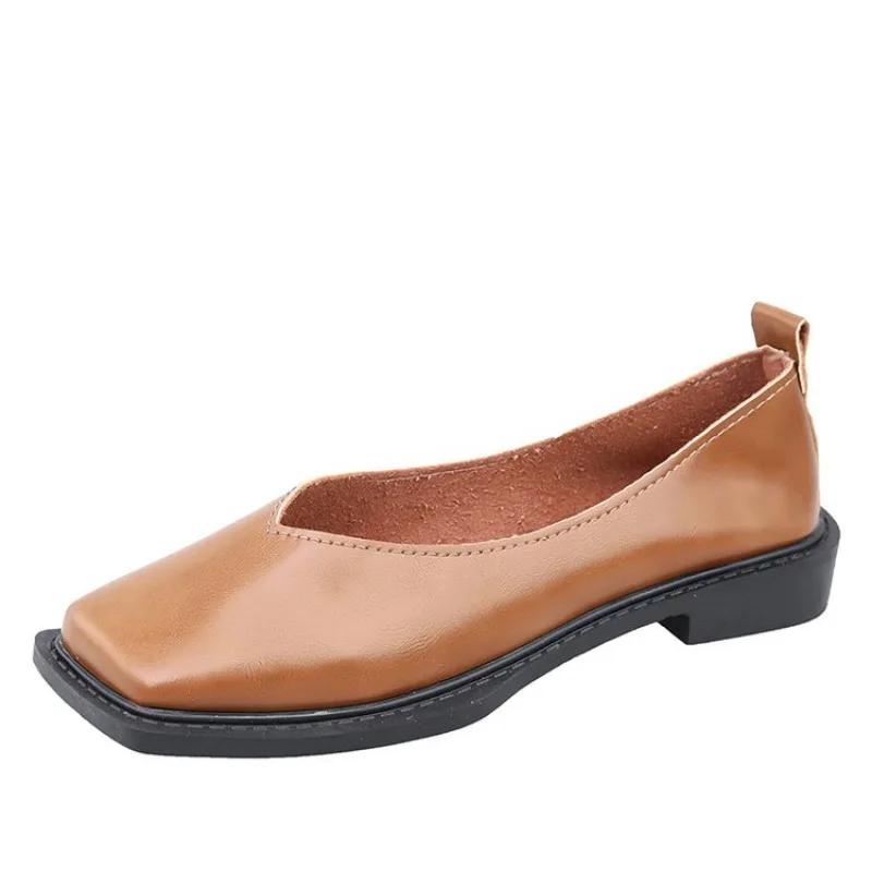 Flat Shoes Women Square Toe Single Shoes Simple Temperament Leather Shoes Spring Autumn 4 Colors 35-40