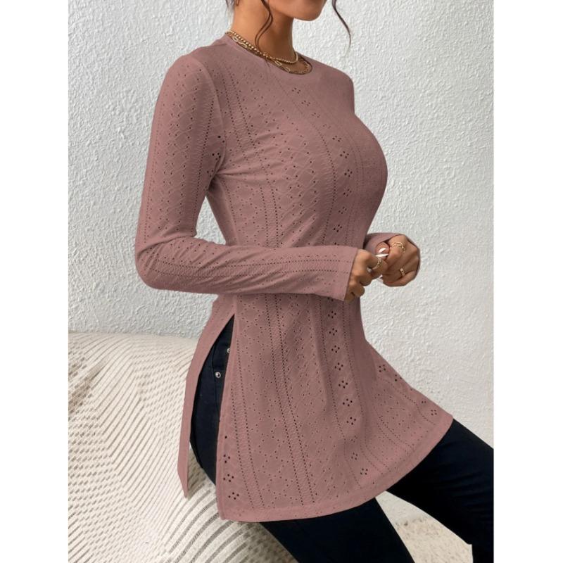 Blusa Lunga da Donna Jacquard Pizzo Spacco Casual Primavera Manica Lunga Slim Fit Camicie Monocolore Girocollo Elegante Moda Casual Ufficio Top Semplici Lavorazione a Rete