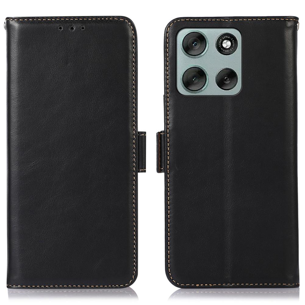 

For Motorola Moto G56 5G Case RFID Blocking Genuine Cow Leather Wallet Phone Cover Black