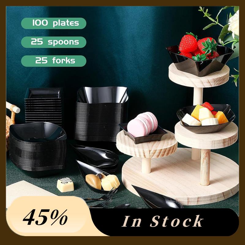 A60zmini Dessert Plates 200 Pcs Disposable Plastic Appetizer Plates With Spoon Fork Set Mini Appetizer Bowls Blackmay
