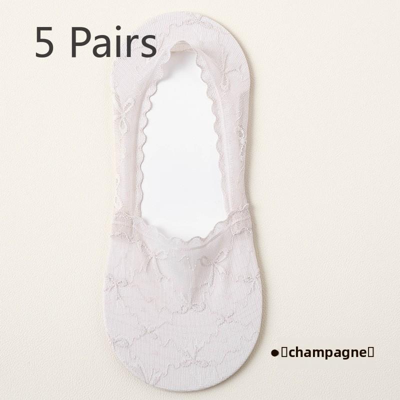 5 Pairs of Women's Summer Thin Lace Bow Invisible Shallow Mouth Wicking Sweat Non Slip Boat Socks