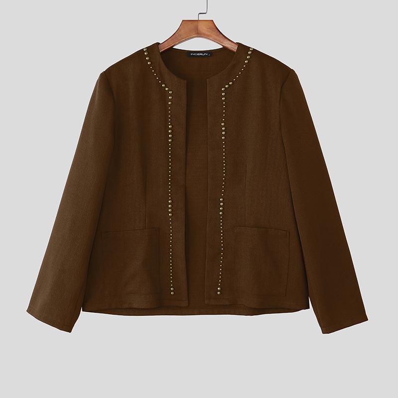 

INCERUN Men Long Sleeve Beading Open Front Casual Thin Coat Jackets 5XL коричневый