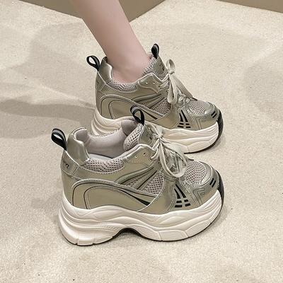 Neue Frühling Damen Atmungsaktives Mesh Klobige Sneaker 10CM Hohe Plateau Freizeitschuhe Schnürschuhe Sommer Sport Lederschuhe Frau 2024