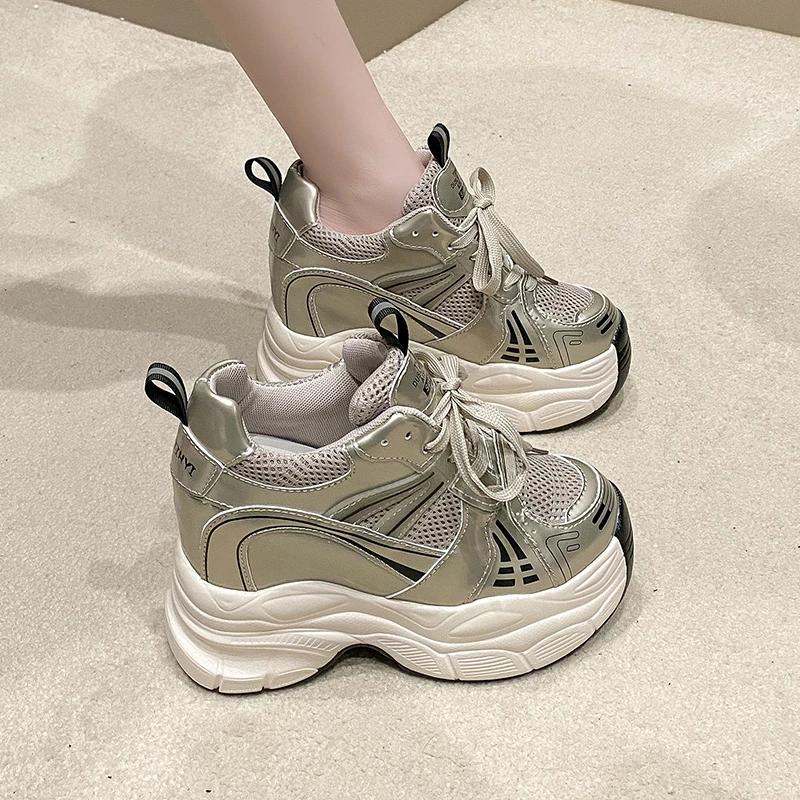 Fashion New Spring Women Breathable Mesh Chunky Sneakers 10CM High Platform Casual Shoes Lace-up Summer Sports Leather Shoes Woman 2024