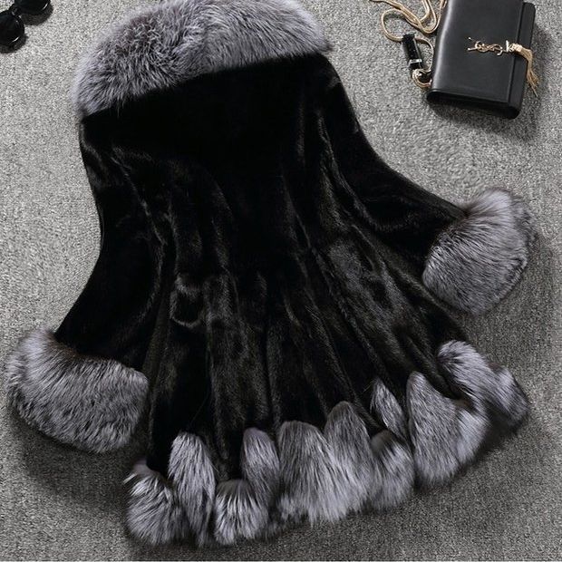 

Imitation fur new imitation mink imitation fox fur women s coat slim hooded long coat 3XL чёрный