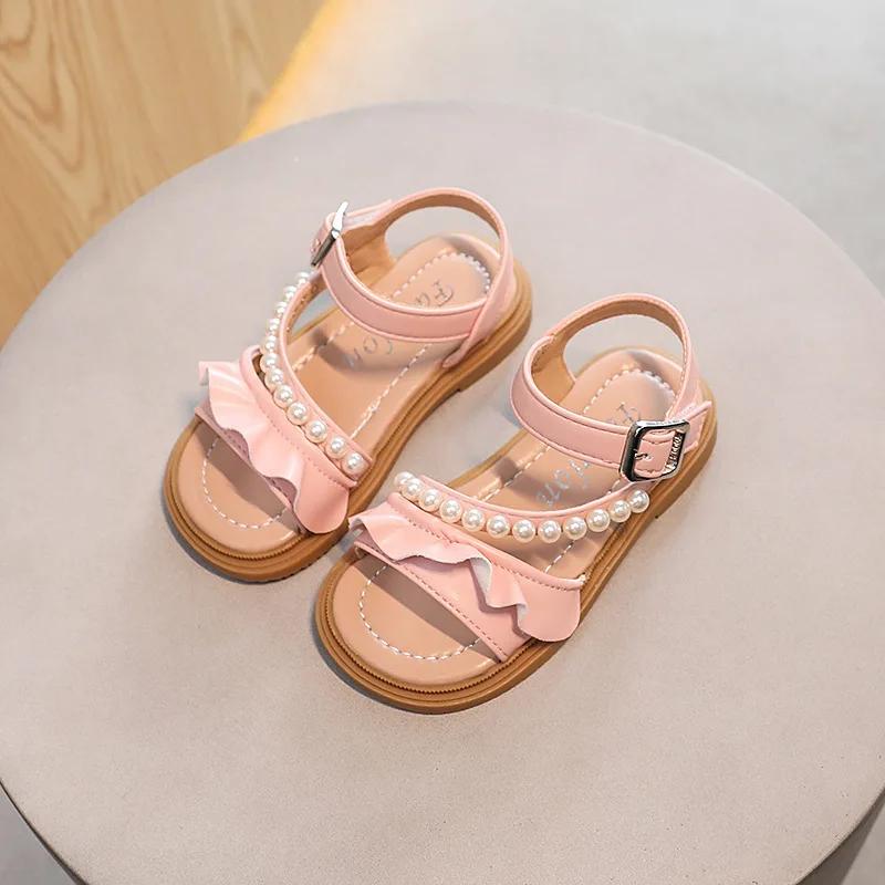 Children's Sandals Sweet Ruffles Beading Girls Princess Causal Wedding Sandals Trendy Elegant Kids Open-toe Sandals Shoes I03051