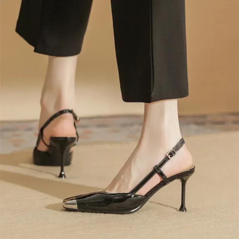 Fashion Fashion Square Toe Thin High Heels Women Metal Decoration Cover Toe Design Back Strap Patent Leather Heeled Sandals for Women